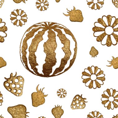 Altın el yaz arka plan boyalı. Soyut karpuz, çilek, çiçekler ile Seamless Modeli.