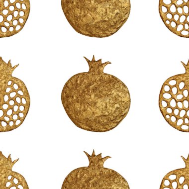 Altın soyut nar desen. El paintied sorunsuz arka plan. Yaz meyve illüstrasyon.