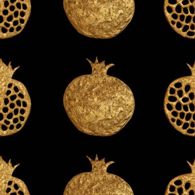 Altın soyut nar desen. El paintied sorunsuz arka plan. Yaz meyve illüstrasyon.