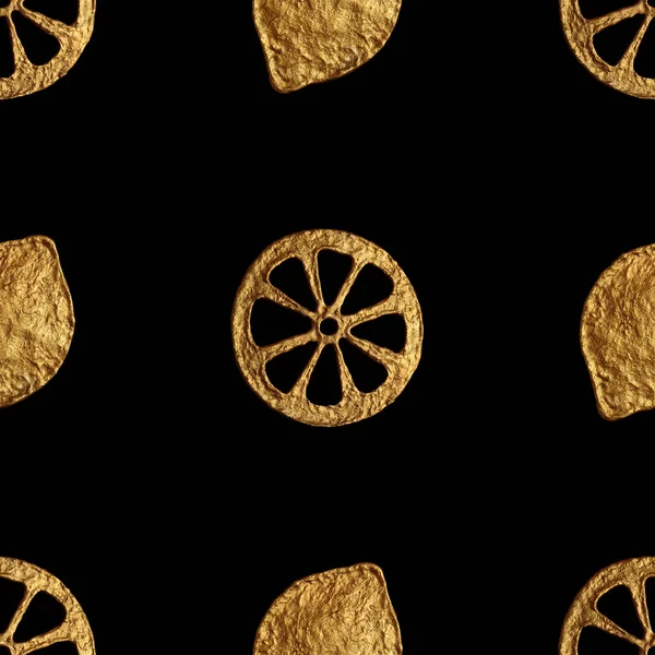 Modello astratto limone. Oro dipinto a mano sfondo senza cuciture. Agrumi illustrazione dorata . — Foto Stock