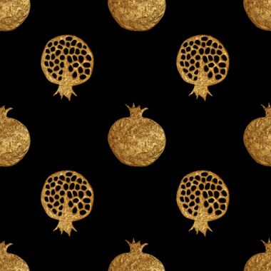 Altın soyut nar desen. El paintied sorunsuz arka plan. Yaz meyve illüstrasyon.