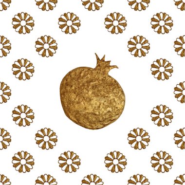 Altın soyut nar desen. El sorunsuz arka plan boyalı. Yaz meyve illüstrasyon.
