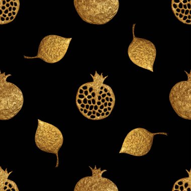 Altın soyut nar desen. El sorunsuz arka plan boyalı. Yaz meyve illüstrasyon.