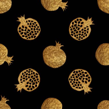 Altın soyut nar desen. El sorunsuz arka plan boyalı. Yaz meyve illüstrasyon.