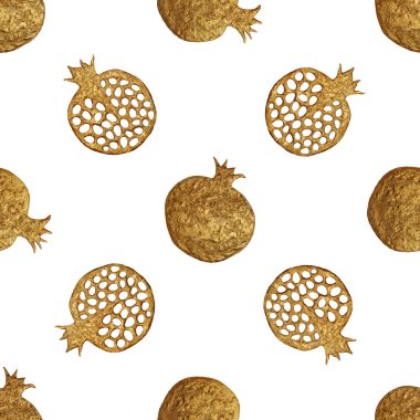 Altın soyut nar desen. El sorunsuz arka plan boyalı. Yaz meyve illüstrasyon.
