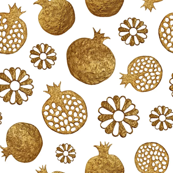 Altın soyut nar ve çiçek deseni. El sorunsuz arka plan boyalı.