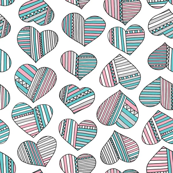 Herzen und Streifen von Hand gezeichnete abstrakte Muster. Vektor bunte Liebe nahtloser Hintergrund. — Stockvektor