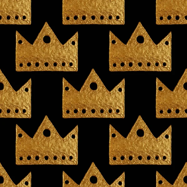 Crown mönster. Handmålade sömlös bakgrund. Vintage guld illustration. — Stockfoto