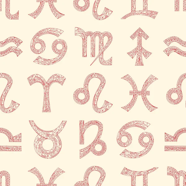 Znamení zvěrokruhu vzor bezešvé. Horoskop pozadí magické symboly. Ručně tažené astrologické vektorové textura tapety, obtékání, textilní design, struktura povrchu, tkaniny. — Stockový vektor