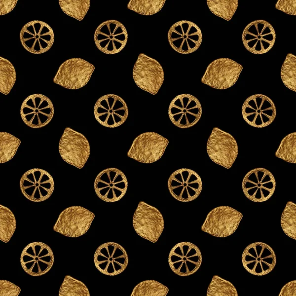 Citrónové zlaté ručně malované bezešvé vzory. Abstraktní citrus zlaté pozadí. Ovocná třpytivá textura ve stylu vintage. — Stock fotografie