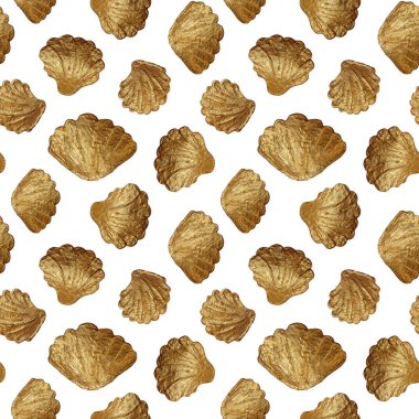 Seashells gold seamless pattern. Hand painting golden shells background.