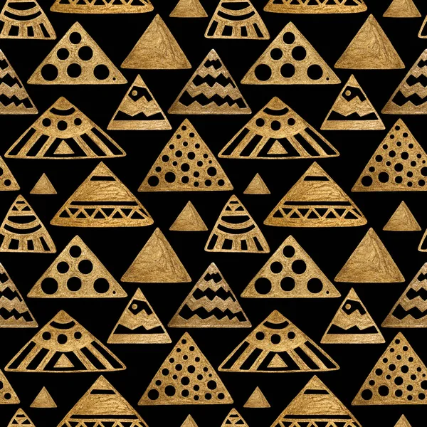 Ethnic χρυσό χέρι ζωγραφισμένα αδιάλειπτη μοτίβο. Αφηρημένες πυραμίδες χρυσό φόντο. Φυλετική αζτεκική υφή. — Φωτογραφία Αρχείου