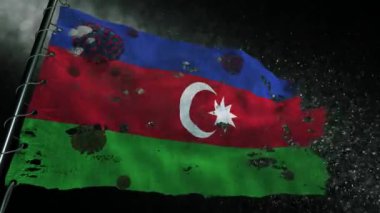 Azerbaycan bayrağı covid-19 ya da corona virüsüyle yırtılmış ve işaretlenmiş.