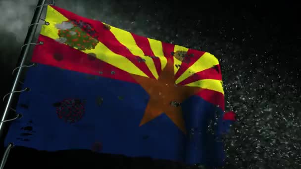 Arizona Bayrağı Yırtılmış Covid Veya Corona Virüsü Ile Işaretlenmiş — Stok video