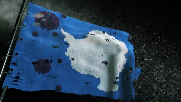 南极洲的国旗被撕破 上面标有Covid 19或Corona病毒 — 图库视频影像