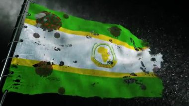 Afrika Birliği bayrağı yırtılmış ve covid-19 veya corona virüsü ile işaretlenmiş.