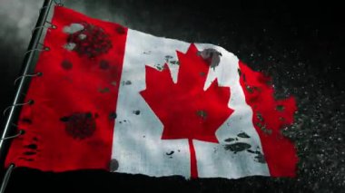 Kanada bayrağı covid-19 veya corona virüsüyle yırtılıp işaretlenmiş.