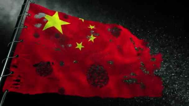 中国の旗は引き裂かれ Covid 19またはコロナのウイルスでマークされています — ストック動画