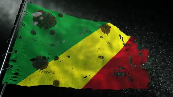 コンゴ共和国の旗は引き裂かれ Covid 19またはコロナのウイルスでマークされています — ストック動画