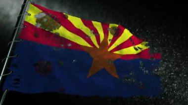 Arizona bayrağı yırtılmış ve covid-19 veya corona virüsü ile işaretlenmiş.