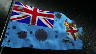 Fiji bayrağı yırtılmış ve covid-19 veya corona virüsü ile işaretlenmiş.