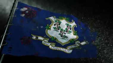Connecticut bayrağı yırtılmış ve covid-19 veya corona virüsü ile işaretlenmiş.