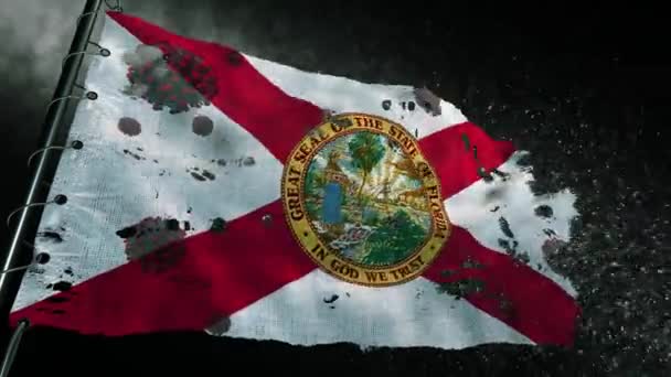 Bandera Florida Está Desgarrada Marcada Con Virus Covid Corona — Vídeo de stock