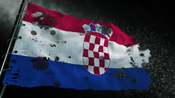 Die Kroatische Flagge Ist Zerrissen Und Mit Dem Virus Covid — Stockvideo