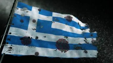 Yunanistan bayrağı covid-19 veya corona virüsüyle yırtılmış ve damgalanmış
