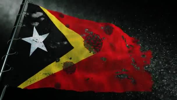 东帝汶的国旗被撕破 上有Covid 19或Corona病毒的标记 — 图库视频影像