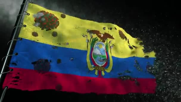Флаг Эквадора Порван Отмечен Вирусом Ковид Корона — стоковое видео