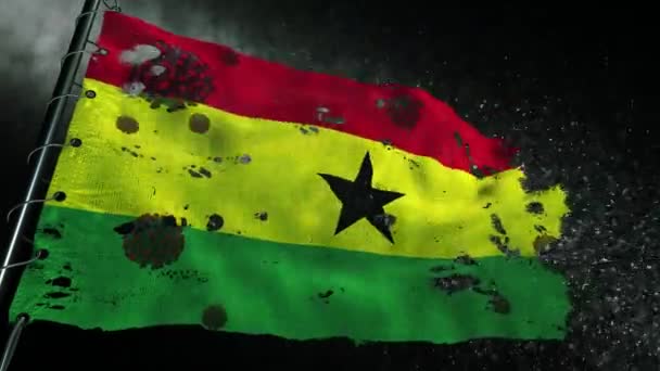 Bandera Ghana Está Desgarrada Marcada Con Virus Del Covidio Corona — Vídeo de stock