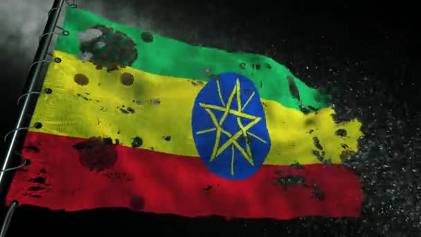 エチオピアの旗は引き裂かれ Covid 19またはコロナのウイルスでマークされています — ストック動画