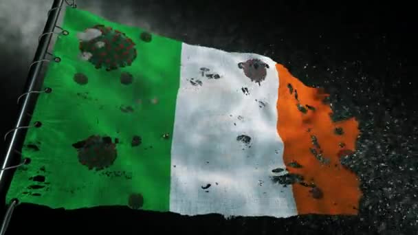 爱尔兰国旗被撕破 上面标有Covid 19或Corona病毒 — 图库视频影像