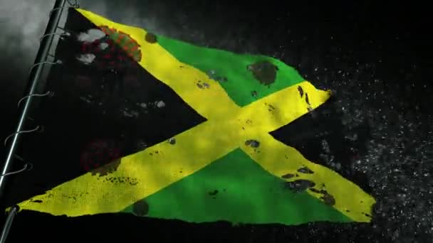 牙买加国旗被撕破 上面标有Covid 19或Corona病毒 — 图库视频影像