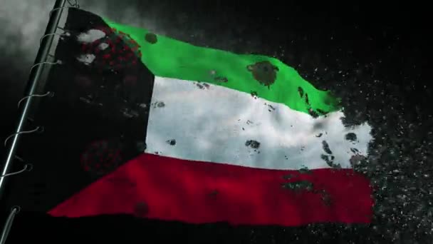 Bandeira Kuwait Está Rasgada Marcada Com Vírus Covid Corona — Vídeo de Stock