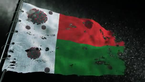 マダガスカルの旗は引き裂かれ Covid 19またはコロナのウイルスでマークされています — ストック動画