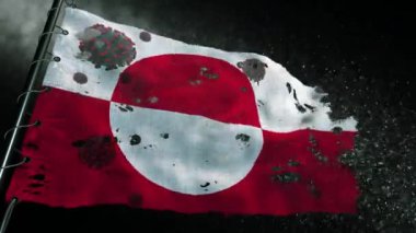 Grönland bayrağı yırtılmış ve covid-19 veya corona virüsü ile işaretlenmiş.