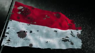 Endonezya bayrağı, covid-19 veya corona virüsü ile yırtılmış ve işaretlenmiş.