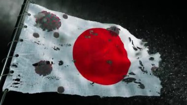 Japonya bayrağı covid-19 ya da corona virüsüyle yırtılmış ve işaretlenmiş.