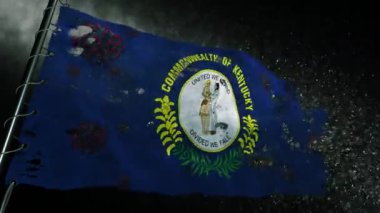 Kentucky bayrağı yırtılmış ve covid-19 veya corona virüsü ile işaretlenmiş.