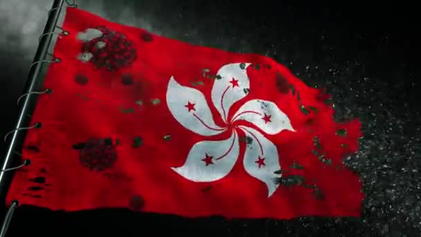 Hong Kongs Flag Revet Mærket Med Virus Covid Eller Corona – Stock-video