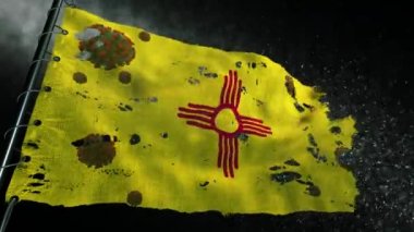 New Mexico bayrağı yırtılmış ve covid-19 ya da corona virüsü ile işaretlenmiş.
