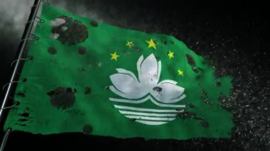 Macao bayrağı yırtılmış ve covid-19 veya corona virüsü ile işaretlenmiş.