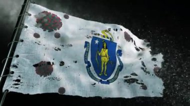Massachusetts bayrağı covid-19 ya da corona virüsüyle yırtılmış ve işaretlenmiş.