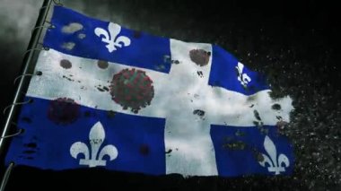 Quebec bayrağı yırtılmış ve covid-19 veya corona virüsü ile işaretlenmiş.