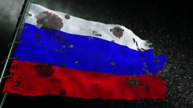Rusya bayrağı yırtılmış ve covid-19 veya corona virüsü ile işaretlenmiş.