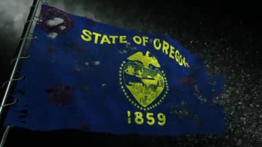 Oregon bayrağı covid-19 ya da corona virüsüyle yırtılmış ve işaretlenmiş.