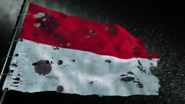 モナコの旗は引き裂かれ Covid 19またはコロナのウイルスでマークされています — ストック動画