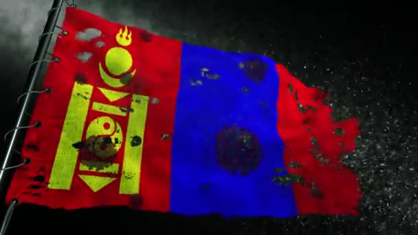 Bandera Mongolia Está Desgarrada Marcada Con Virus Del Covidio Corona — Vídeo de stock